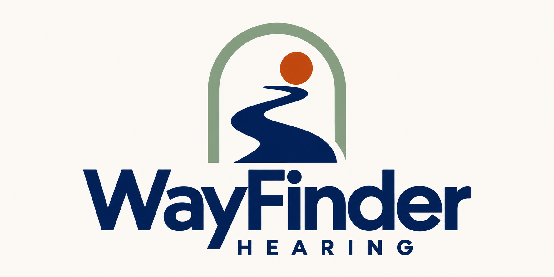 WayFinder Hearing: a winding navy path beneath an orange sunrise and sage arch